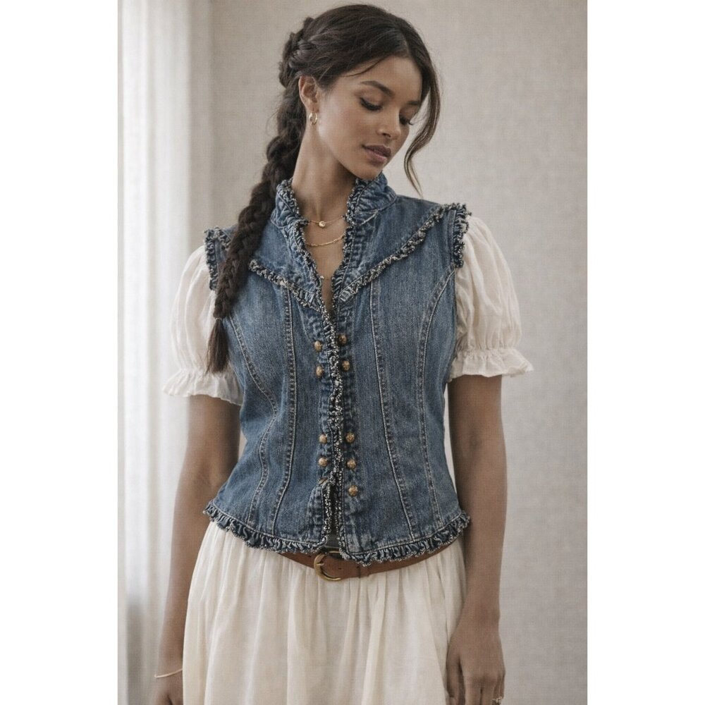 Stylish Blue Denim Vest with Ruffle Detail
